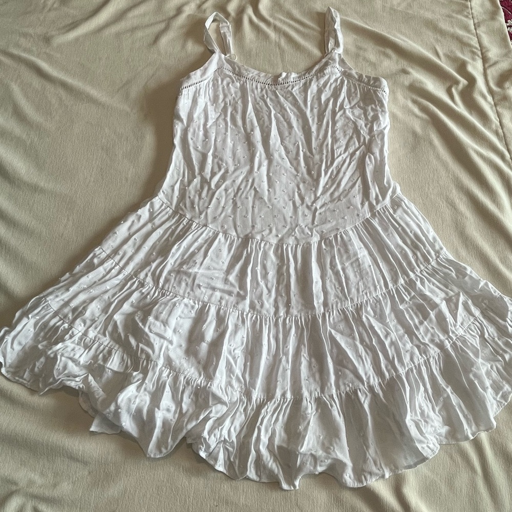 SO WHITE RAYON W/ NOBBY DOTS  LINED SUNDRESS CRUISE BEACHY BOHO SZ-L NWT